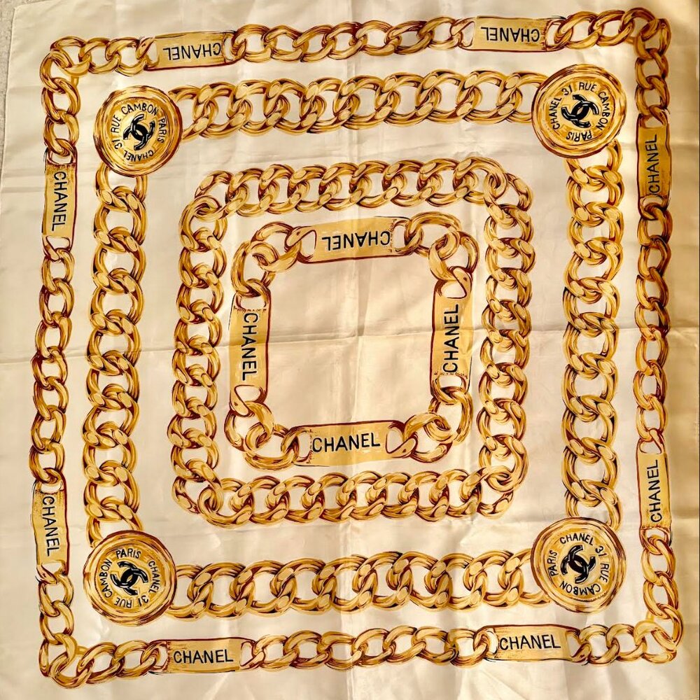 Vintage Iconic Chanel Gold Link Chain Silk Scarf
